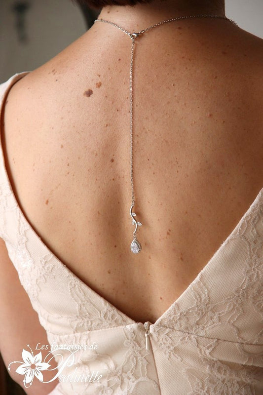 Feuilles bijoux de dos mariage feuilles et strass, pendentif oxyde de zirconium, bijou de dos mariée
