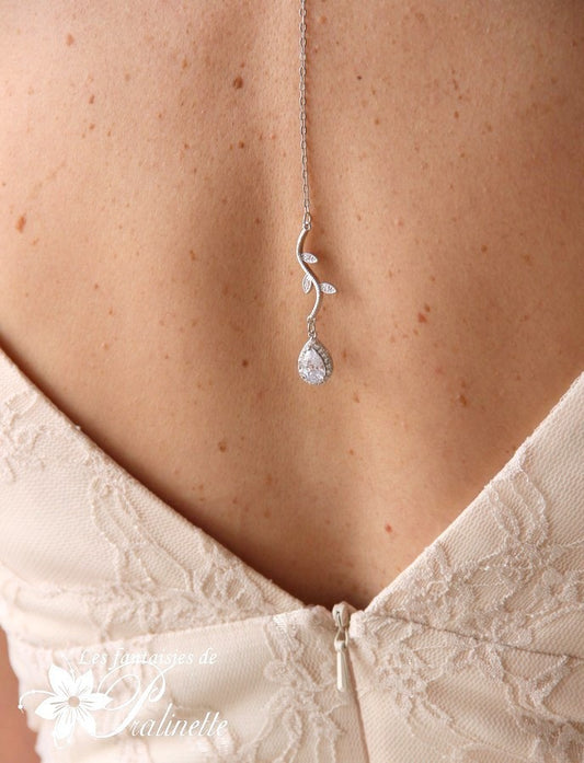 Feuilles bijoux de dos mariage feuilles et strass, pendentif oxyde de zirconium, bijou de dos mariée