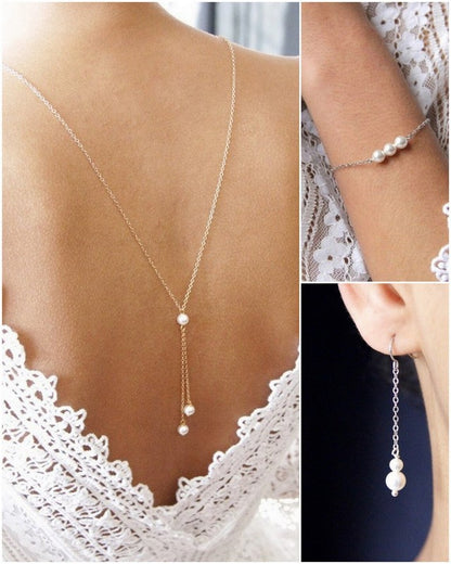 PARURE DE MARIAGE - Collier de dos, bracelet trio de perles, boucles d'oreilles pendantes
