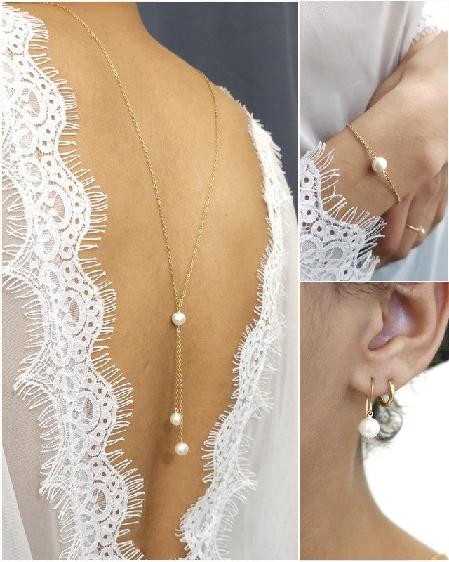 Parure bijoux mariage collier de dos, bracelet et boucles d'oreilles mariée perles Anita