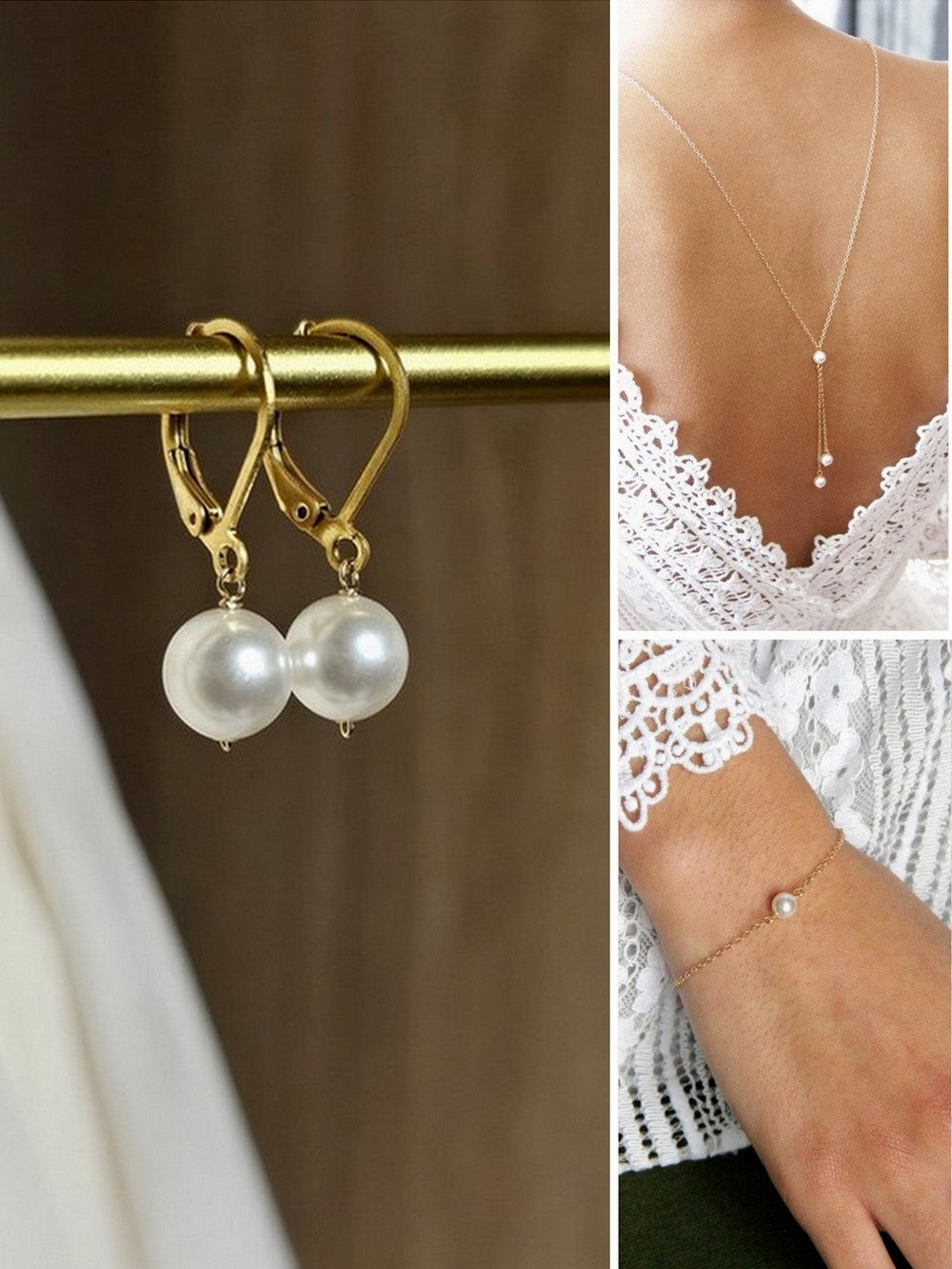 Parure bijoux mariage - collier dos nu - bracelet de mariée -dormeuses perles