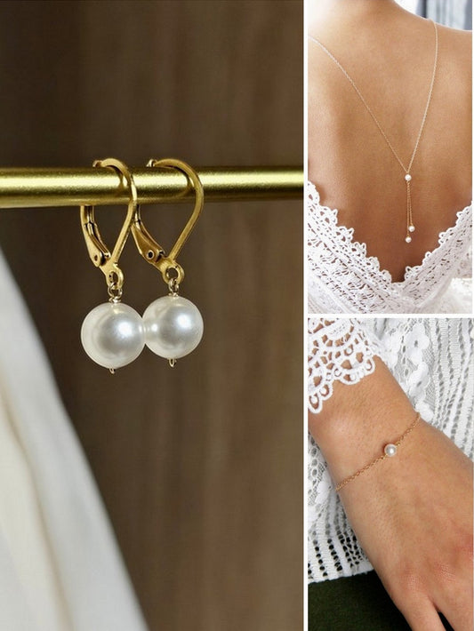 Parure bijoux mariage - collier dos nu - bracelet de mariée -dormeuses perles