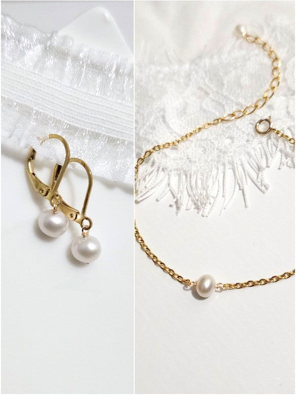 Ensemble bijoux mariage bracelet une perle + boucles d'oreilles dormeuses perles Eden