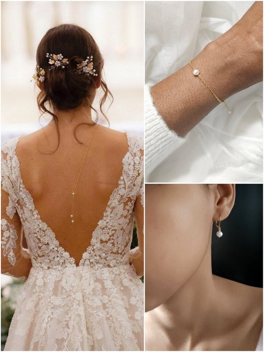 Parure mariage Collier bijoux de dos, boucles d'oreilles, bracelet minimaliste, perles de culture Eden