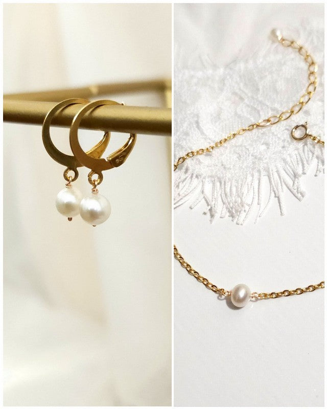 Parure bijoux mariage boucles d'oreilles et bracelet perles de culture