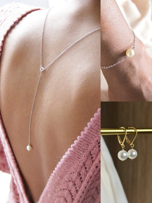Bijoux mariage parure Stany, collier dos nu, bracelet et boucles d'oreilles