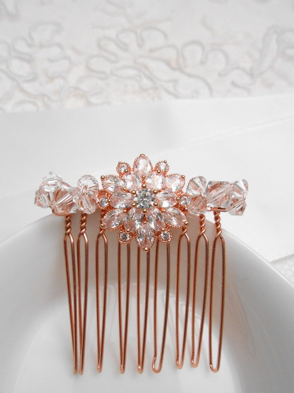 Peigne de mariée rosace rose gold et perles en cristal