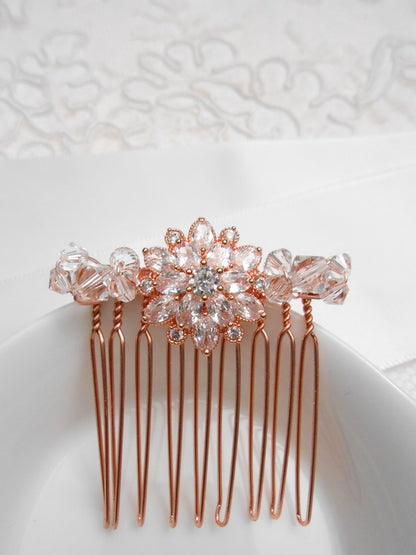 Peigne de mariée rosace rose gold et perles en cristal