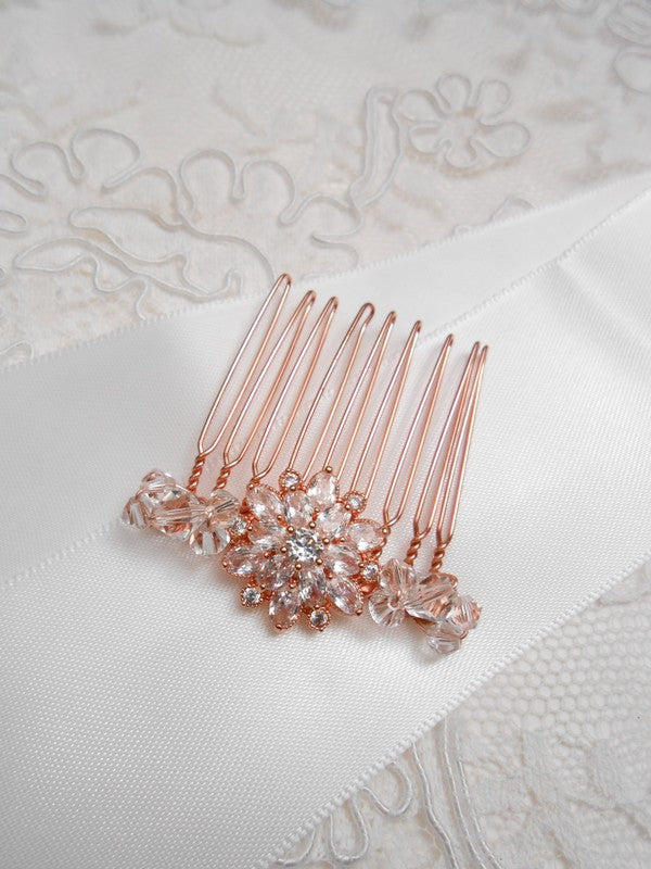 Peigne de mariée rosace rose gold et perles en cristal