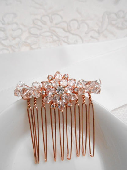 Peigne de mariée rosace rose gold et perles en cristal