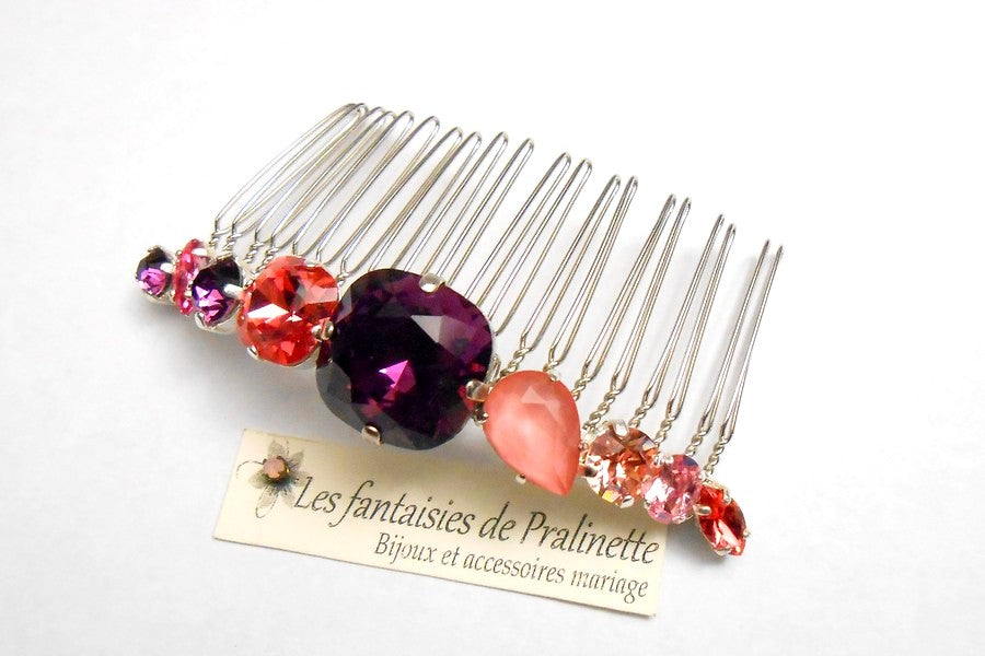 Caréa peigne en cristal, peigne cabochons en cristal améthyste et rose pêche