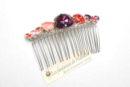 Caréa peigne en cristal, peigne cabochons en cristal améthyste et rose pêche
