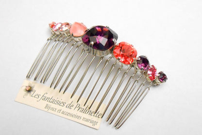 Caréa peigne en cristal, peigne cabochons en cristal améthyste et rose pêche