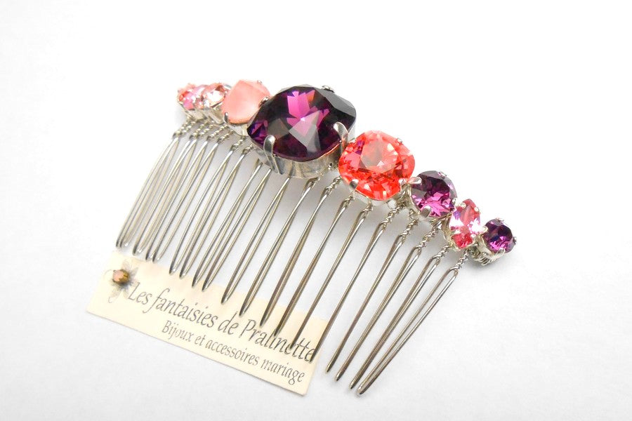 Caréa peigne en cristal, peigne cabochons en cristal améthyste et rose pêche