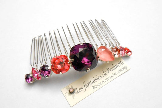 Caréa peigne en cristal, peigne cabochons en cristal améthyste et rose pêche