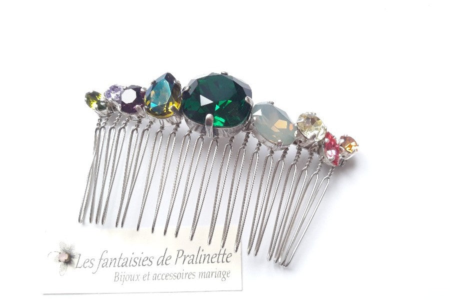 Caréa peigne cheveux cabochons en cristal multicolore, vert, jaune, parme