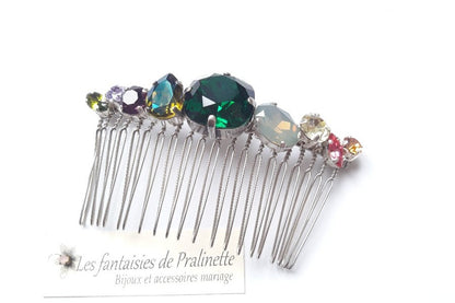 Caréa peigne cheveux cabochons en cristal multicolore, vert, jaune, parme
