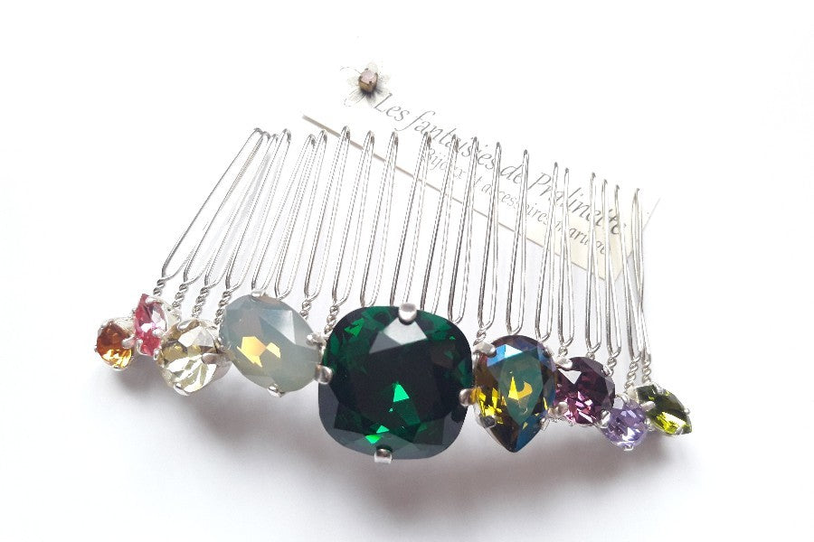 Caréa peigne cheveux cabochons en cristal multicolore, vert, jaune, parme