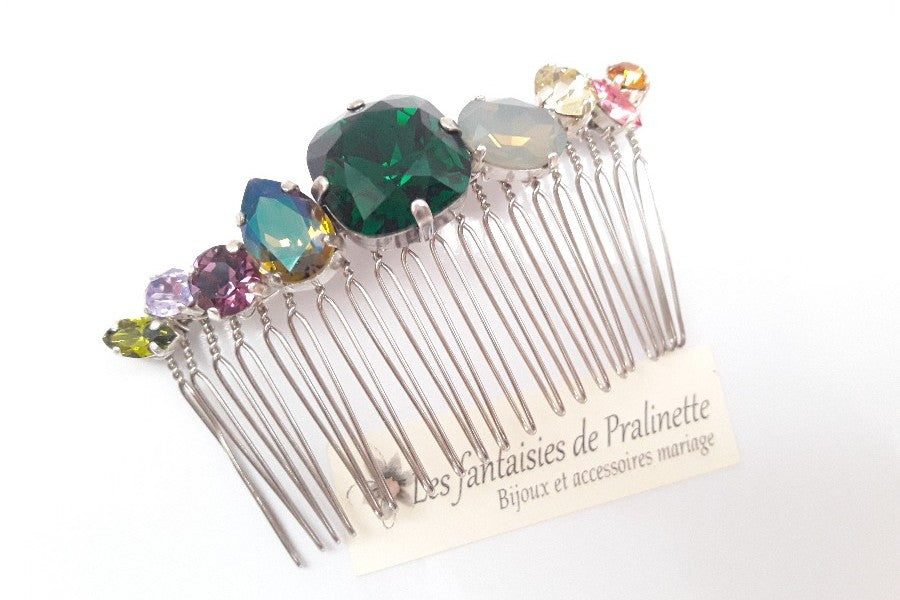 Caréa peigne cheveux cabochons en cristal multicolore, vert, jaune, parme