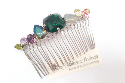 Caréa peigne cheveux cabochons en cristal multicolore, vert, jaune, parme