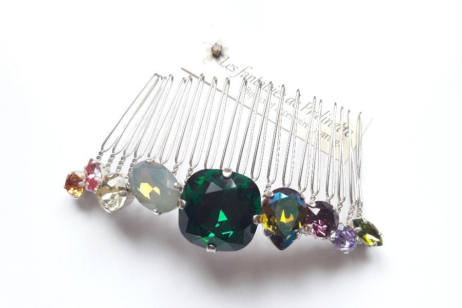 Caréa peigne cheveux cabochons en cristal multicolore, vert, jaune, parme