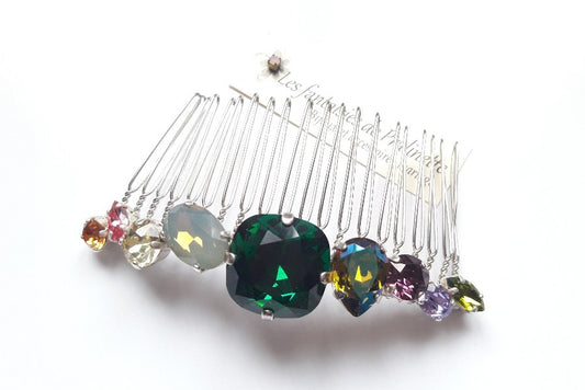 Caréa peigne cheveux cabochons en cristal multicolore, vert, jaune, parme