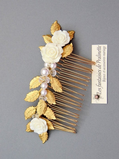 Peigne de mariée Violaine fleurs de rose et feuilles dorées