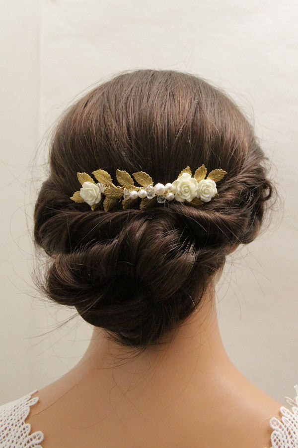 Peigne de mariée Violaine fleurs de rose et feuilles dorées