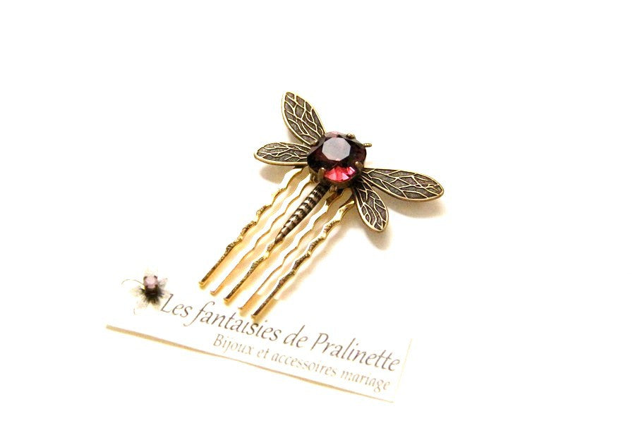 Peigne libellule et cabochon en cristal rouge, bijoux mariage, bijoux intemporels, bijoux cristal
