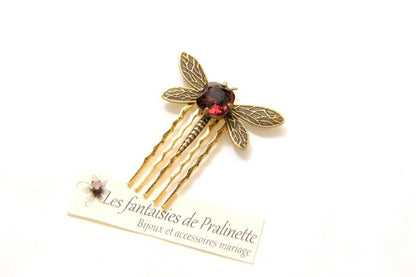 Peigne libellule et cabochon en cristal rouge, bijoux mariage, bijoux intemporels, bijoux cristal
