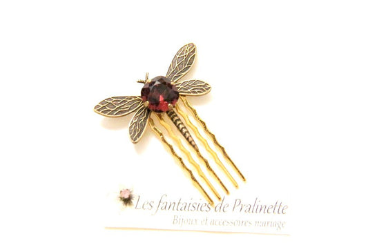 Peigne libellule et cabochon en cristal rouge, bijoux mariage, bijoux intemporels, bijoux cristal