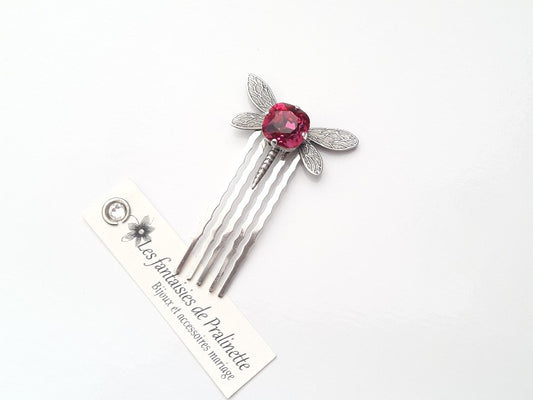 Peigne libellule et cabochon en cristal rose fuchsia, bijoux mariage, bijoux intemporels, bijoux cristal