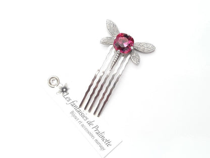 Peigne libellule et cabochon en cristal rose fuchsia, bijoux mariage, bijoux intemporels, bijoux cristal