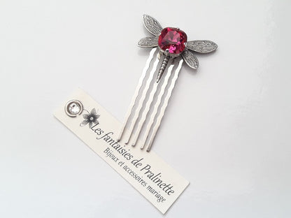 Peigne libellule et cabochon en cristal rose fuchsia, bijoux mariage, bijoux intemporels, bijoux cristal