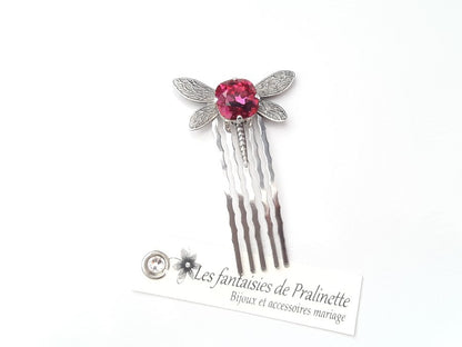 Peigne libellule et cabochon en cristal rose fuchsia, bijoux mariage, bijoux intemporels, bijoux cristal