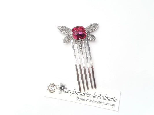 Peigne libellule et cabochon en cristal rose fuchsia, bijoux mariage, bijoux intemporels, bijoux cristal