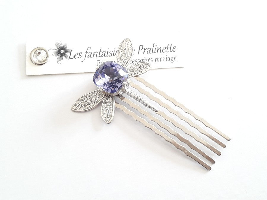 Peigne libellule et cabochon en cristal violet, bijoux mariage, bijoux intemporels, bijoux cristal