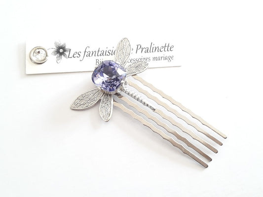 Peigne libellule et cabochon en cristal violet, bijoux mariage, bijoux intemporels, bijoux cristal