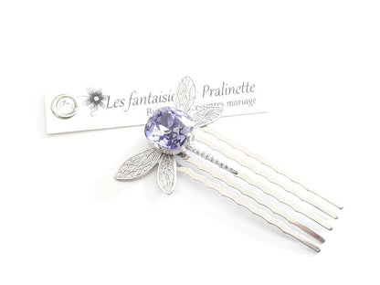 Peigne libellule et cabochon en cristal violet, bijoux mariage, bijoux intemporels, bijoux cristal