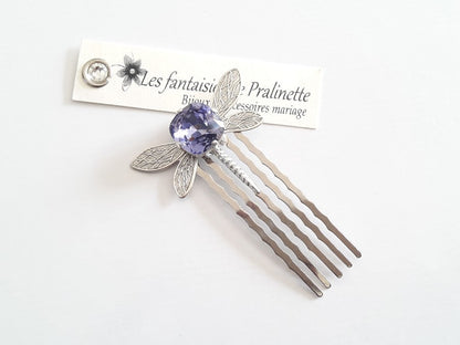 Peigne libellule et cabochon en cristal violet, bijoux mariage, bijoux intemporels, bijoux cristal