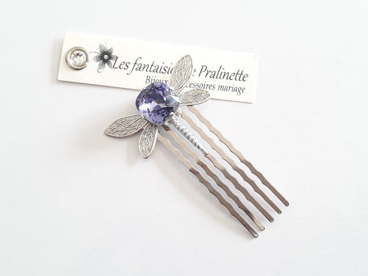 Peigne libellule et cabochon en cristal violet, bijoux mariage, bijoux intemporels, bijoux cristal
