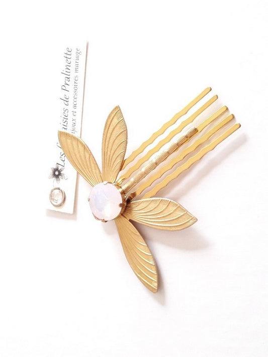 Peigne libellule et cabochon en cristal rose opal, bijoux mariage, bijoux intemporels, bijoux cristal