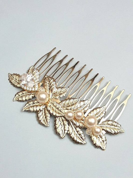 Peigne mariage feuilles zircons et perles