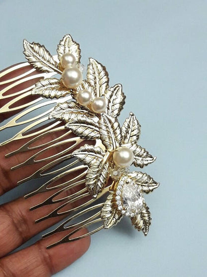 Peigne mariage feuilles zircons et perles