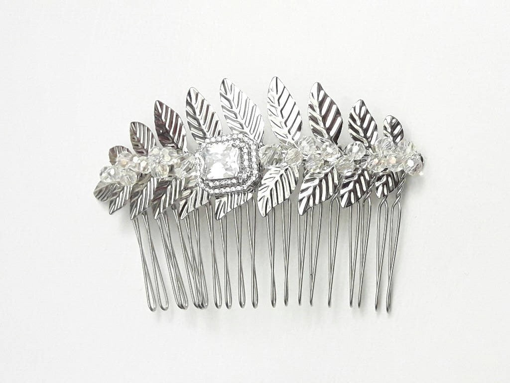 Peigne mariage feuilles cristal et zircons rectangle