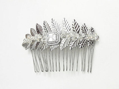 Peigne mariage feuilles cristal et zircons rectangle