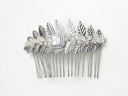 Peigne mariage feuilles cristal et zircons rectangle