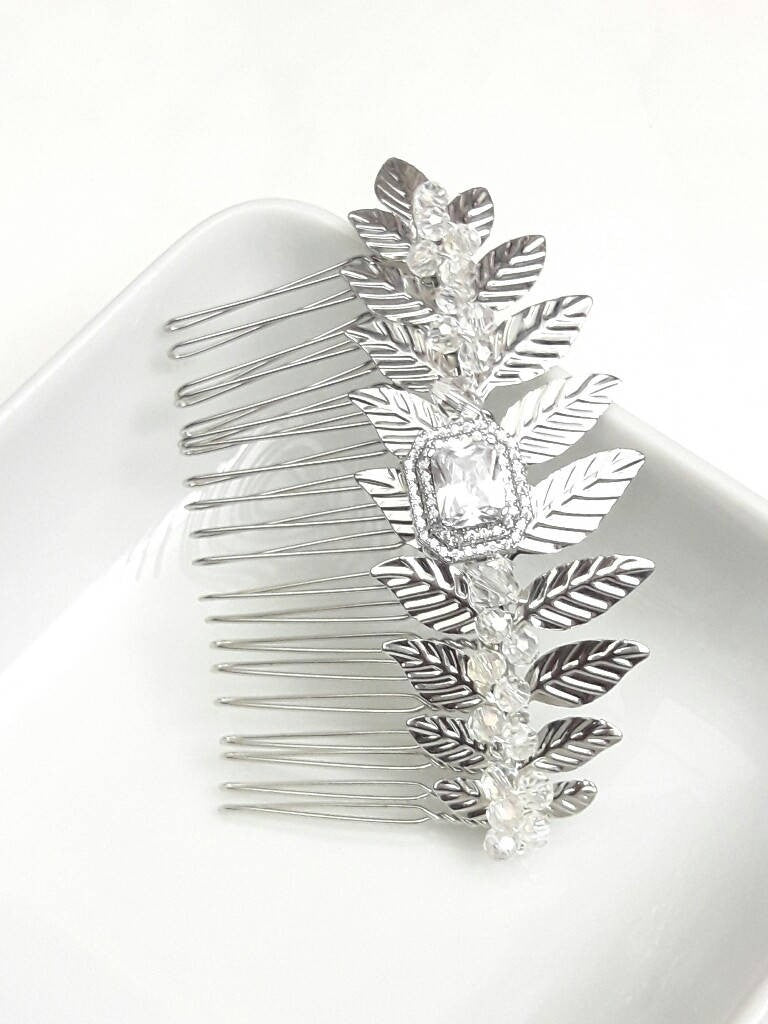 Peigne mariage feuilles cristal et zircons rectangle
