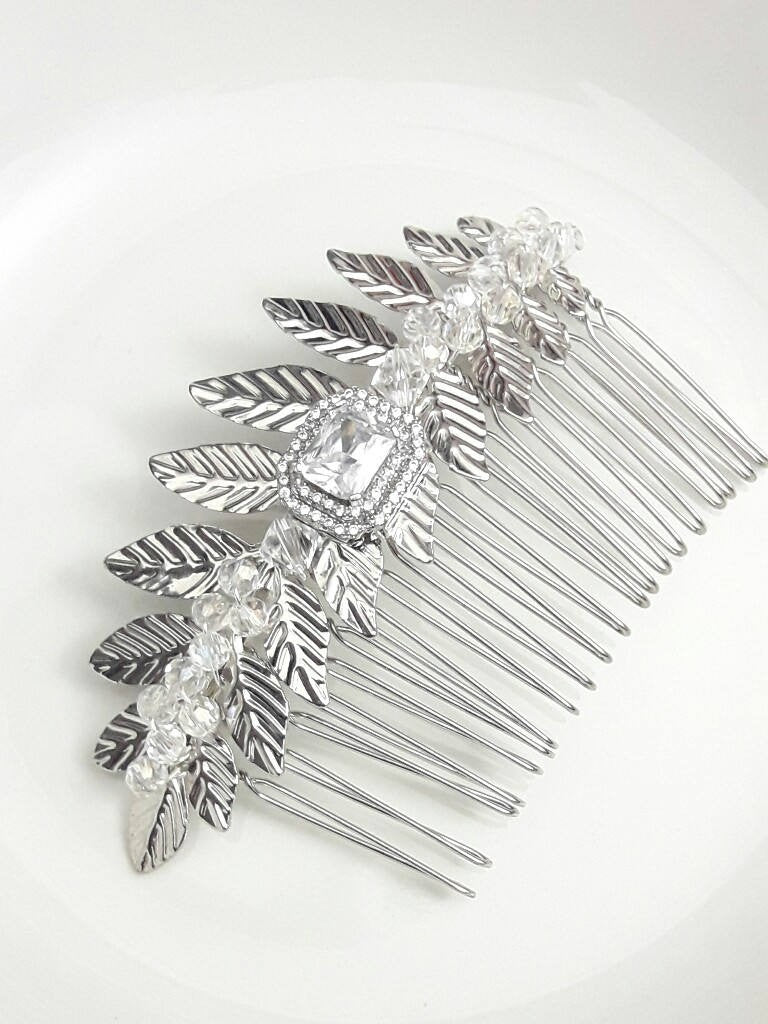 Peigne mariage feuilles cristal et zircons rectangle