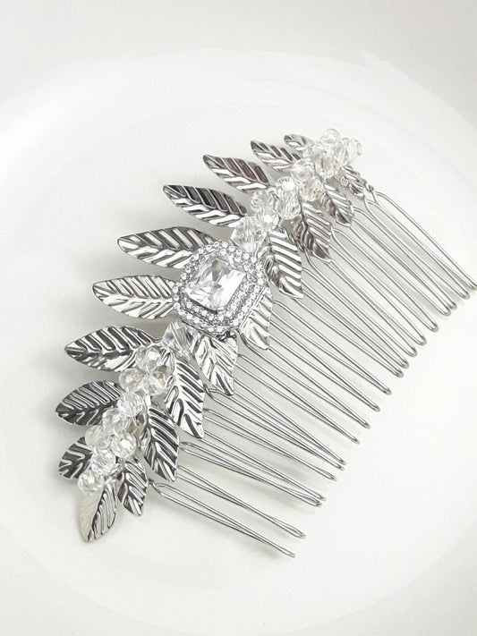 Peigne mariage feuilles cristal et zircons rectangle